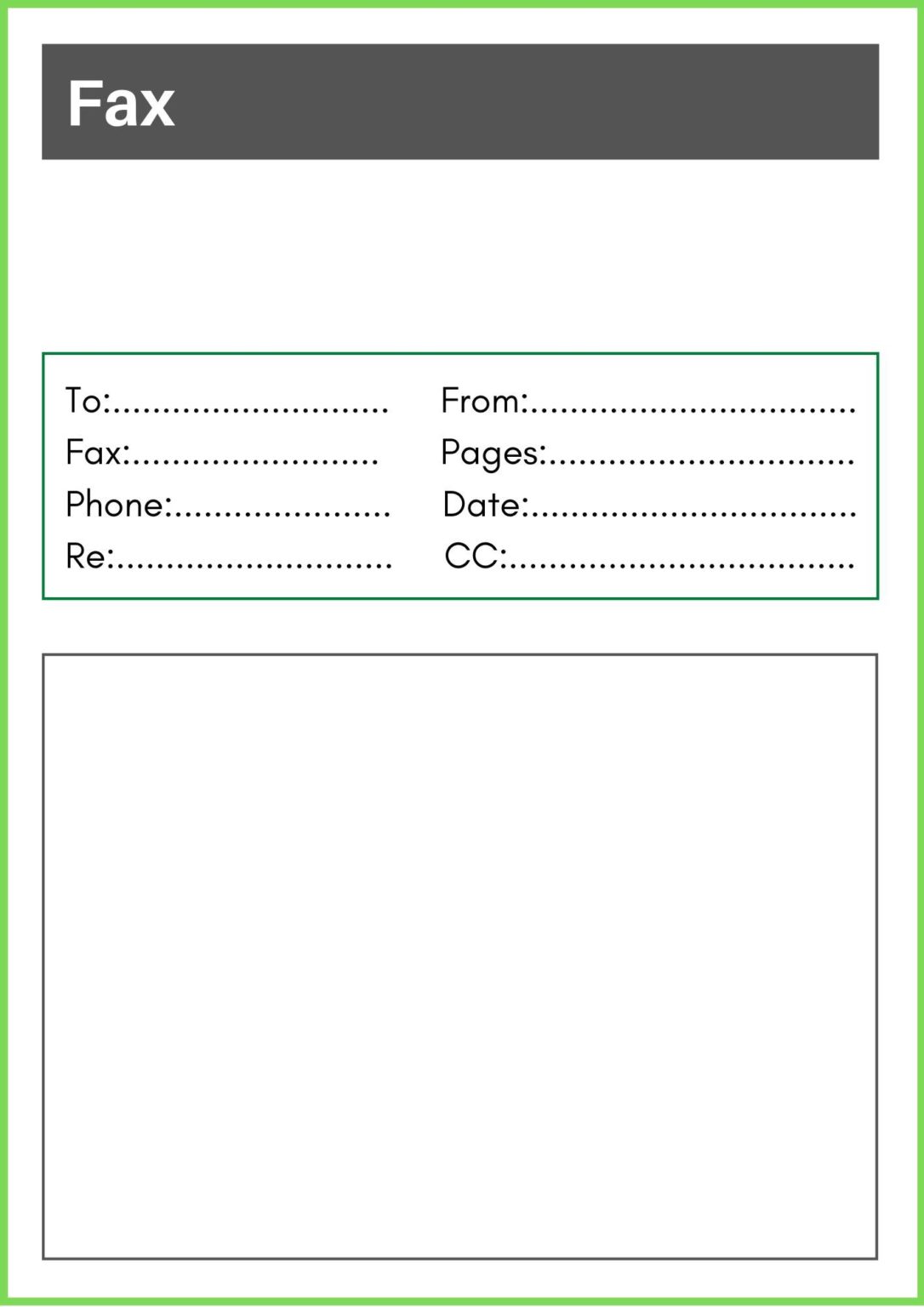 A black and white fax cover sheet with space for sender and recipient information, as well as a section for additional instructions